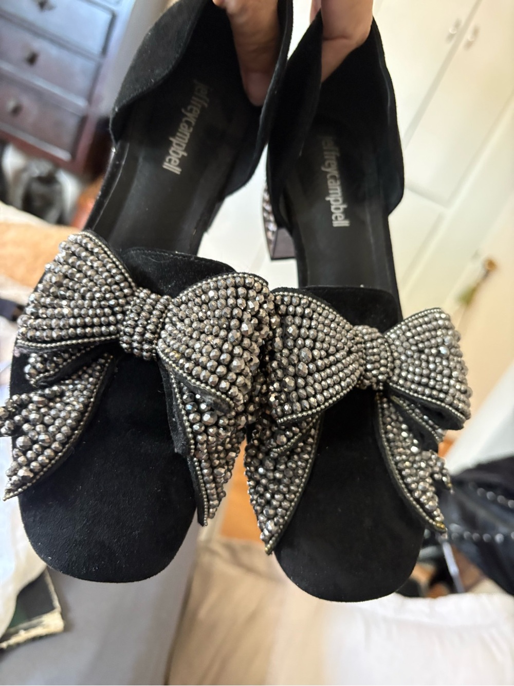 Jeffrey Campbell Black Suede Heels with Crystal Bow Accents